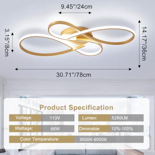 66W Dimmable Modern LED Ceiling Light Fixtures 3000K (Gold)