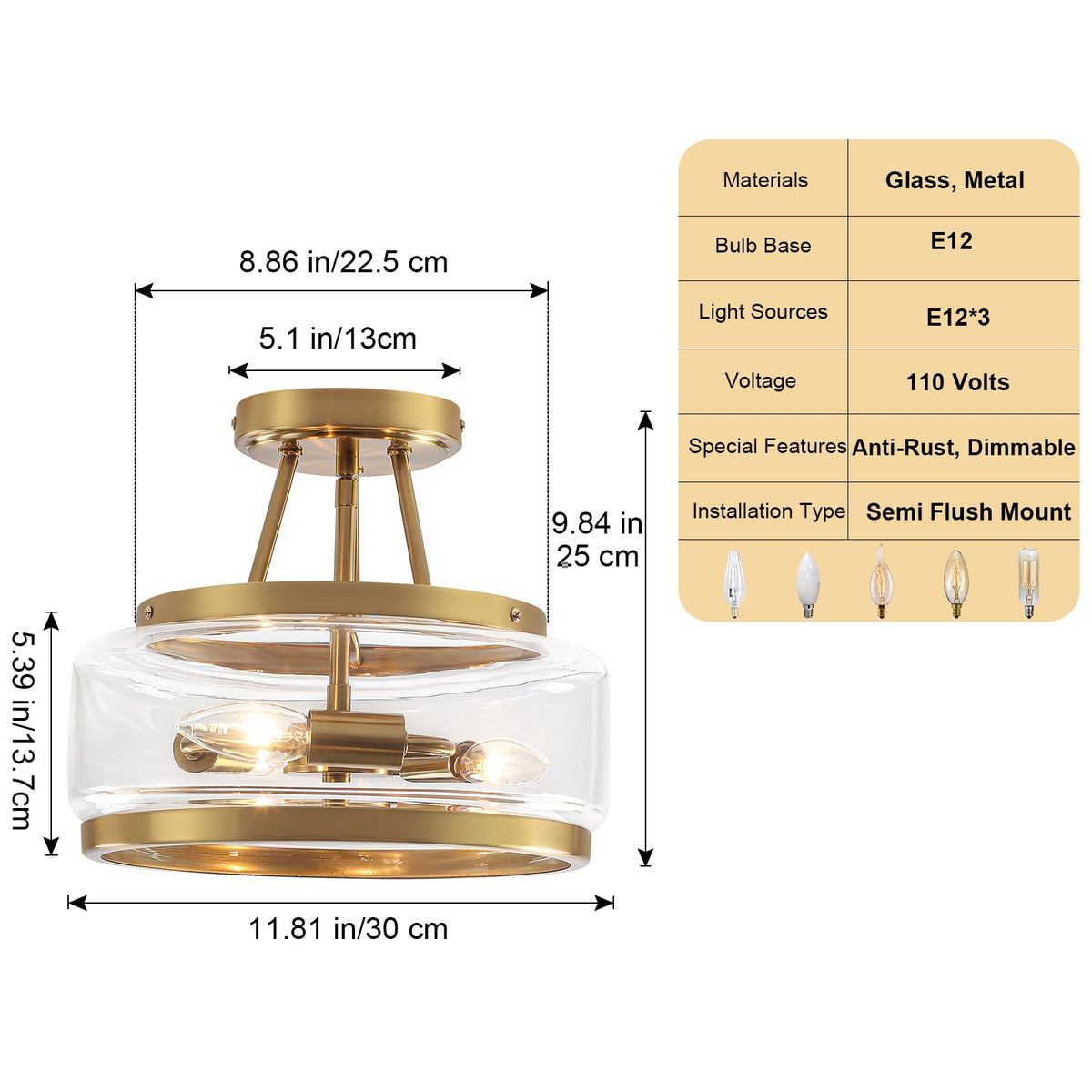 11.8" Gold Semi Flush Mount Ceiling Light (Gold)