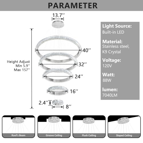 5 Ring Large Crystal Chandelier Modern LED Dimmable High Ceiling Chandelier Ring Contemporary Pendant Light Fixture for Living Room Foyer Staircase Gold D40'' (Silver / 5 Ring Round 40")