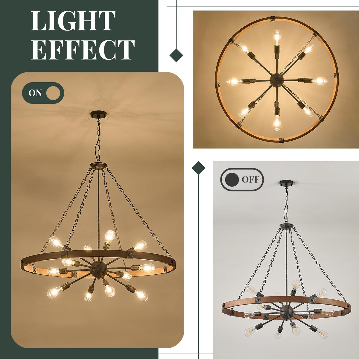 Farmhouse Wagon Wheel Chandelier 43" Wooden Chandelier Light Fixture (Walnut / 43 inch 12-Light)