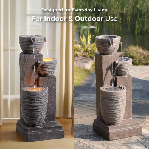 Horizontal Ribbed Pattern Outdoor Water Fountain (Warm Gray)