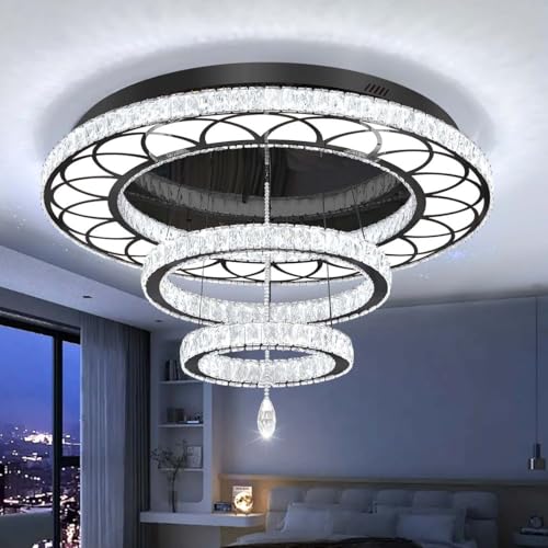 W40'' Modern Chandeliers for Living Room Large Crystal Chandelier Flush Mount Crystal Ceiling Light LED Dimmable Pendant Light for Hallway Entryway Foyer Black (Black / W:40inches)