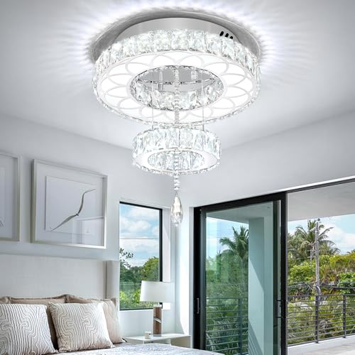 16inch Modern Mini Crystal Chandelier for Hallway LED Crystal Ring Chandeliers Dimmable Flush Mount Ceiling Light for Dining Room Living Room Bedroom (Silver / W:16inches)