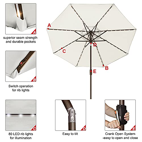 USA 10-Year-Non-Fading 9ft Market Patio Umbrella, Commercial Grade Table Sun Umbrella with 80 Solar LED Lights, Crank Open, Windproof & UPF 50+ UV Protection for Garden, Deck, Pool, Backyard, Natural (Natural / 9 FT(Single Vent Tilt))