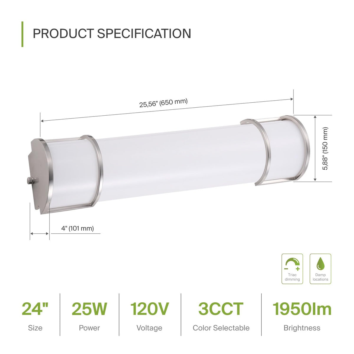 LED 24" Vanity Flush Mount Light Fixture (Brushed Nickel | Half Cylinder / 120V | 24 Inch (1pk))