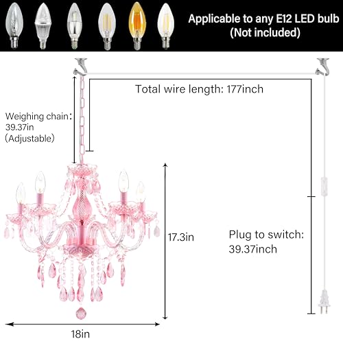Plug in 5 Lights Pink Crystal Hanging Pendant Light Acrylic Chandelier (Pink-L-5)
