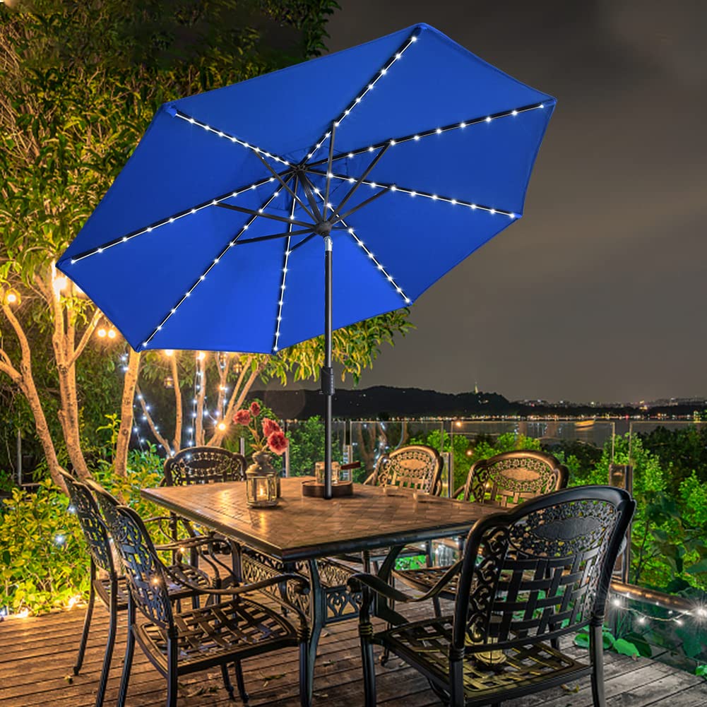 USA 10-Year-Non-Fading 9ft Market Patio Umbrella, Commercial Grade Table Sun Umbrella with 80 Solar LED Lights, Crank Open, Windproof & UPF 50+ UV Protection for Garden, Deck, Pool, Backyard, Royal Blue (Royal Blue / 9 FT(Single Vent Tilt))