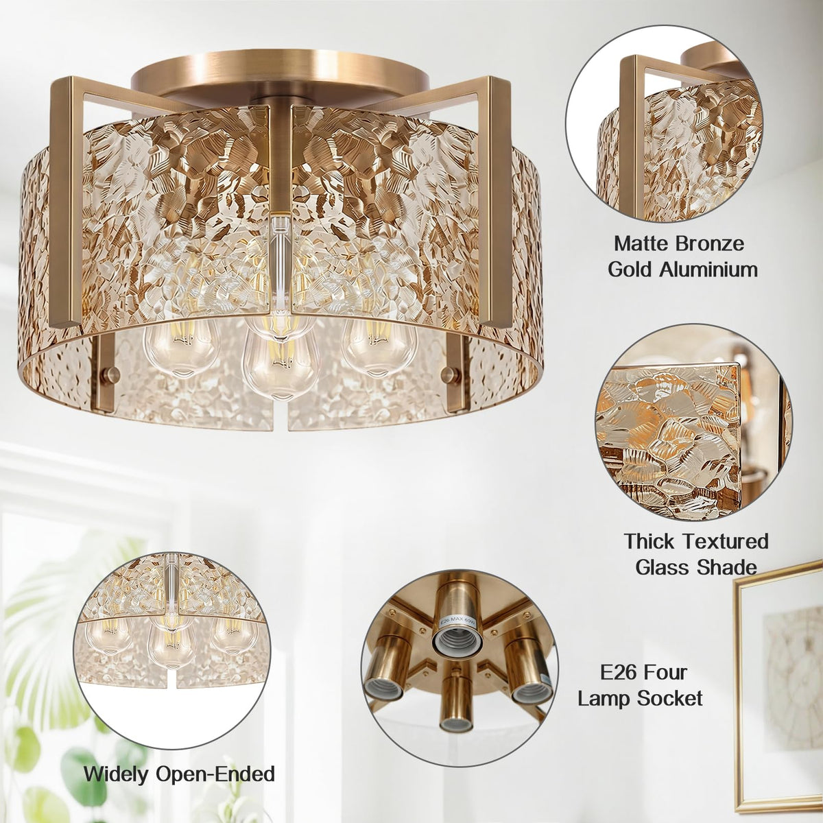 4 Light Art Deco Semi Flush Mount Ceiling Light Fixture (Amber / 16")