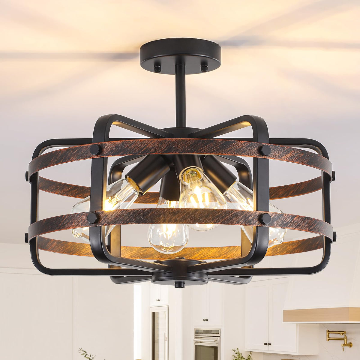 17.71'' Farmhouse Cage Semi Flush Mount Ceiling Light Fixture 4 (17.71''-Black&Brown-E26)