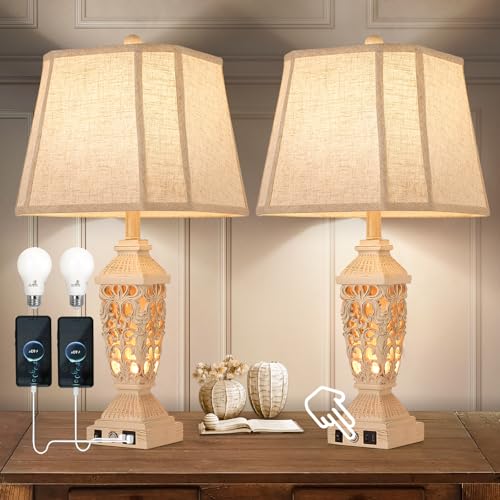 27.5" Touch Control Traditional Table Lamp Set of 2 with USB A+C (Wash White / 27.5")