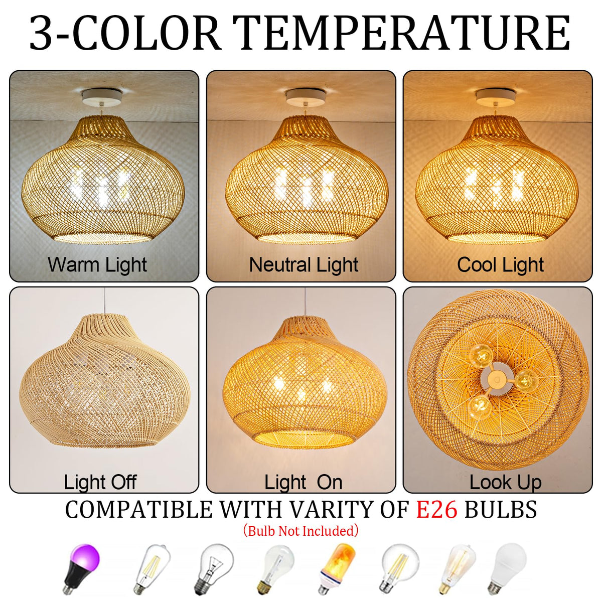 18.9" Rattan Pendant Light (Metal+Rattan / 18.9" 3-Light)