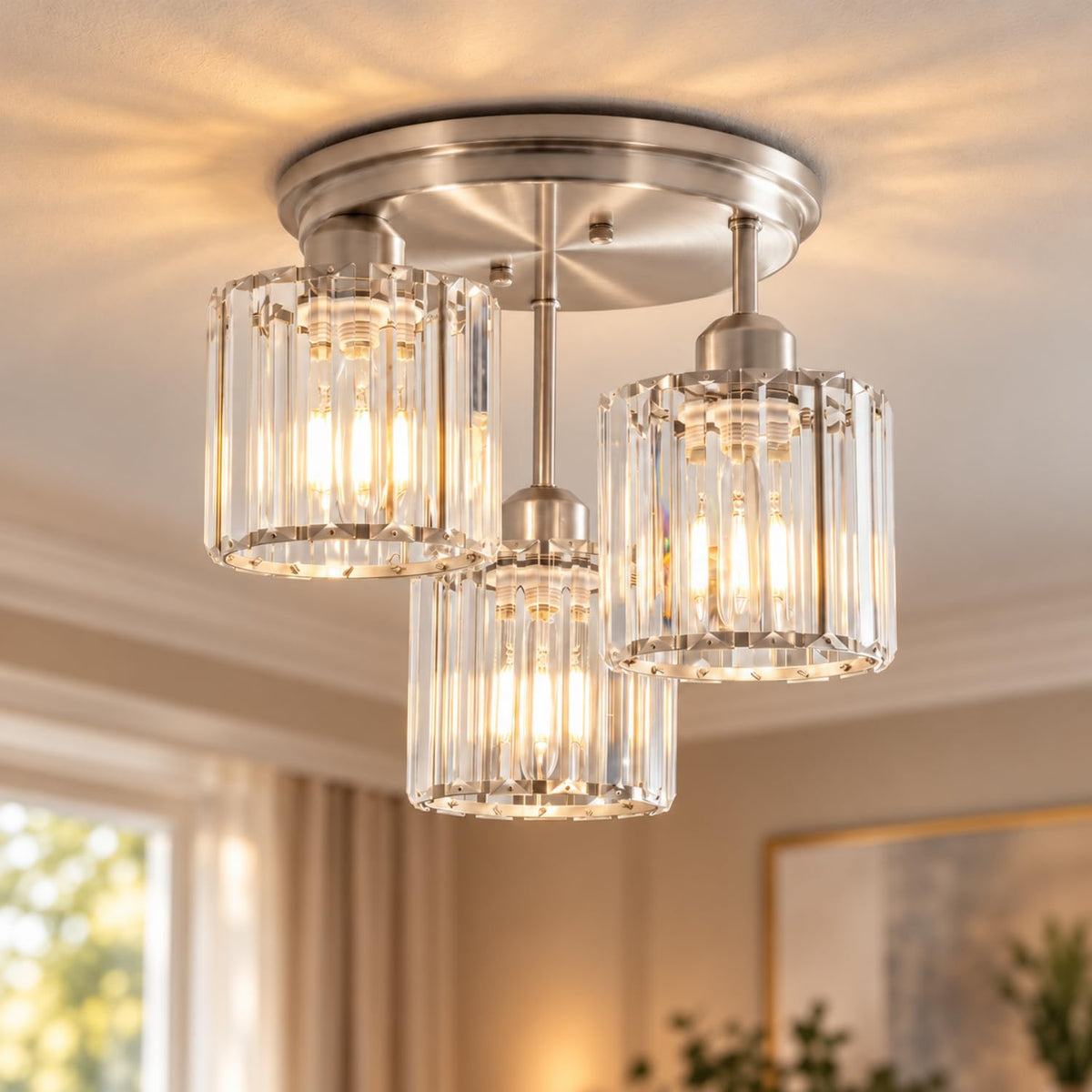 Crystal Semi Flush Mount Ceiling Light (Nickel)