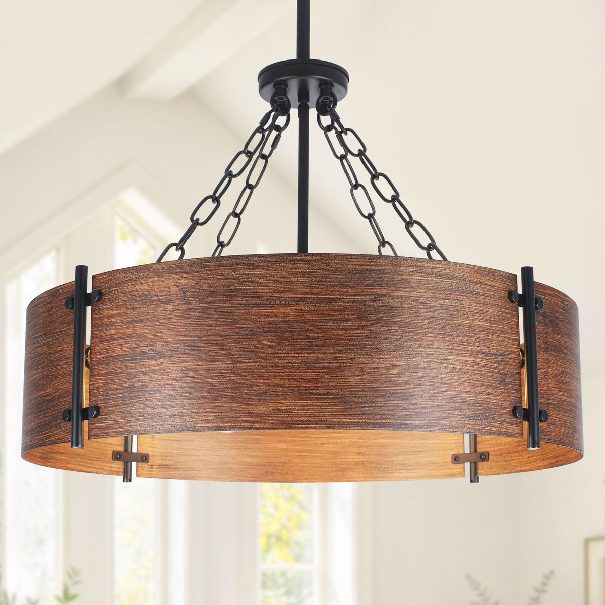 23.62" Farmhouse Chandeliers for Dining Room 6 (Brown Wood Grain Finish-6-Light-23.62'')