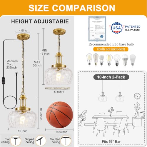 Plug in Pendant Lights Kitchen Island (1 Pack-Brushed Gold-10"(Plug-and-Play))