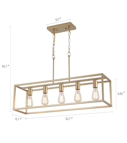 Gold Rectangle Kitchen Island Lights Rectangular Modern Industrial Chandelier for Dining Room 5 Lights Linear Vintage Cage Light Fixtures UL Listed (Gold)