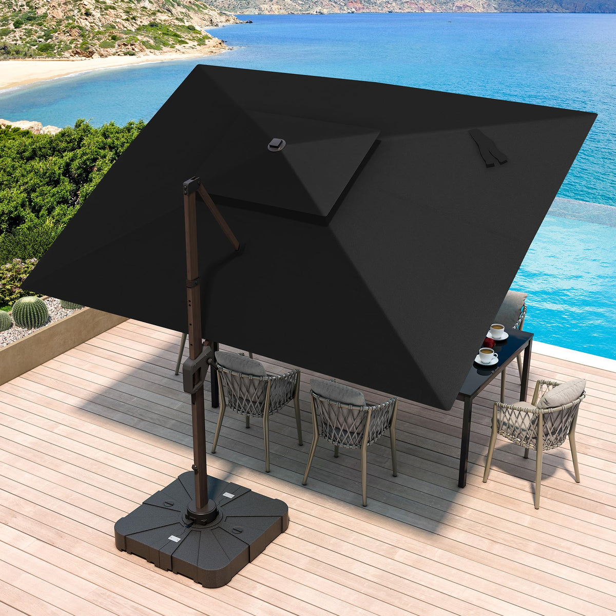 10x13 FT Cantilever Offset Patio Umbrella with Lights & Base (Black)
