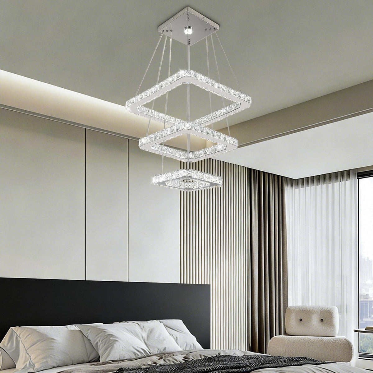 Square 3 Ring Crystal Chandelier Adjustable Height Cool White