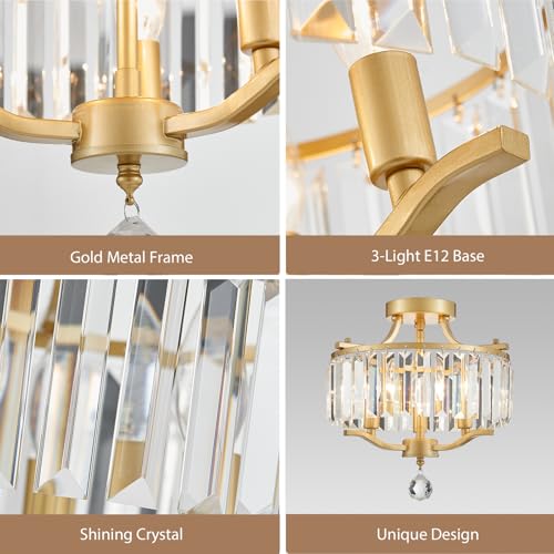 Crystal Gold Chandeliers Modern Farmhouse Small Chandelier 12.2 Inch 3 (055-Gold)