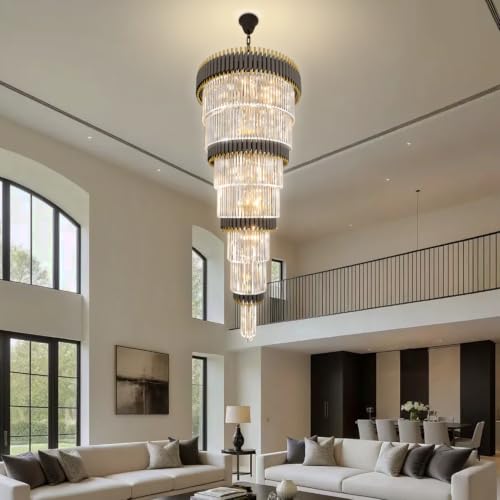 7 Tier Black and Gold Chandeliers Long Staircase Crystal Chandelier Large Entryway Chandeliers Adjustable Chain for Entrance Hall Living Room Foyer H66 x W32 19 Lights (D32"XH66" Black)