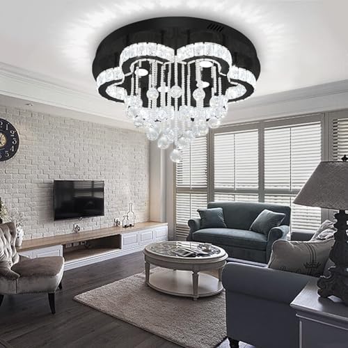 Modern Chandelier for Living Room 24 inch Raindrop Chandeliers Flush Mount Crystal Chandelier for Bedroom Dining Room LED Dimming 2700k 4500k 6000k (Black / 24inch)