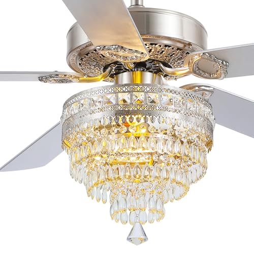 52" Silver Crystal Chandelier Ceiling Fans with Lights and Remote Control (Silver-52Inch)