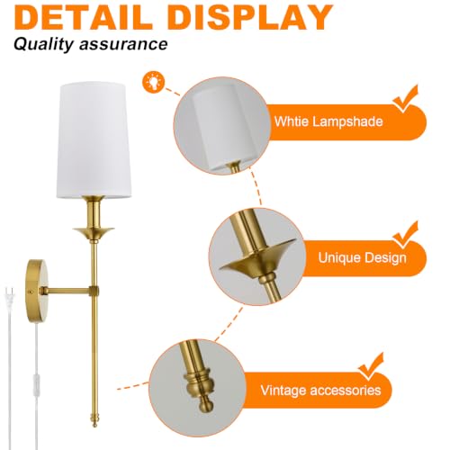 2 Pack Plug in Wall Sconces Set of 2 (Polished Gold-Plug in)