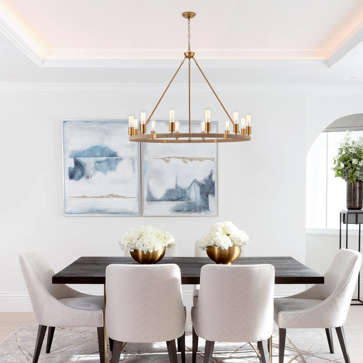 12 Lights Wagon Wheel Chandelier Bohemia Hand Woven Rattan Chandelier Farmhouse Large Pendant Light for High Ceilings Living Room Dining Room (Brass)