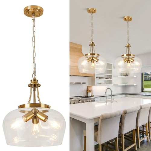 Modern Pendant Lights Kitchen Island (3-Light-Brushed Gold-Clear Glass-14.2"(Easy To Install))