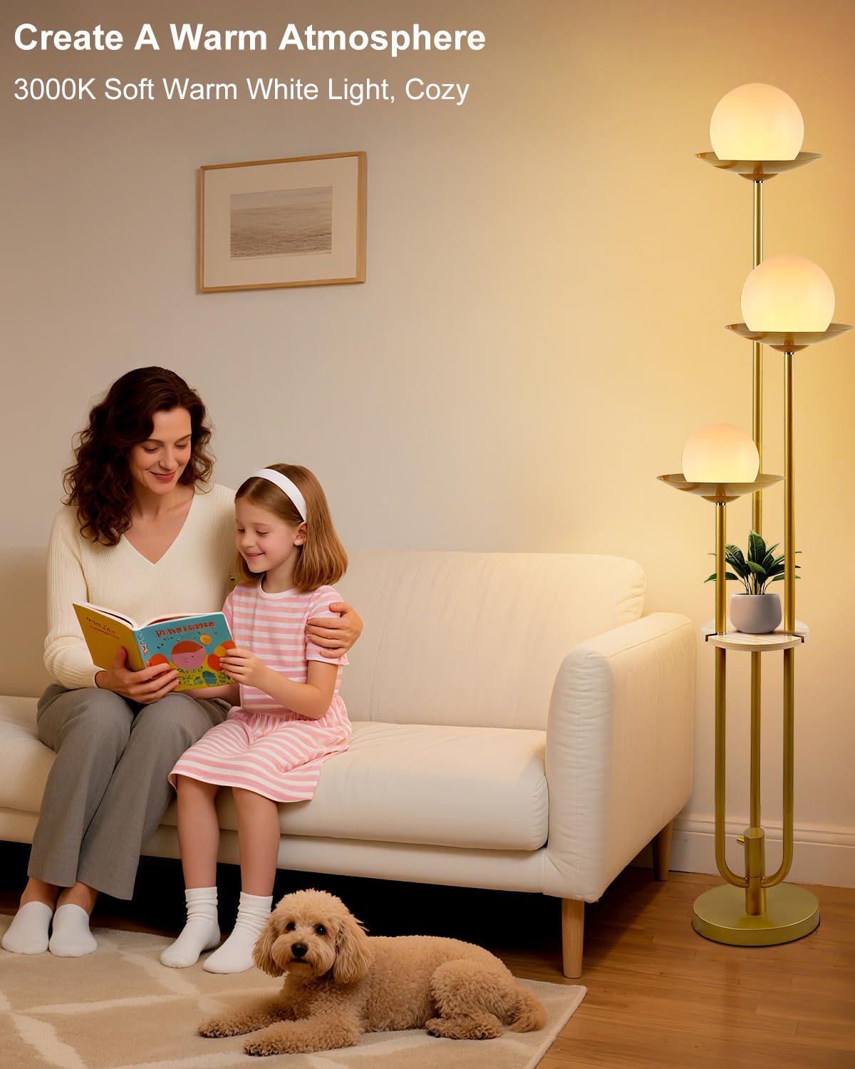63IN Globe Floor Lamp with Shelf 3 (Gold-3UL)