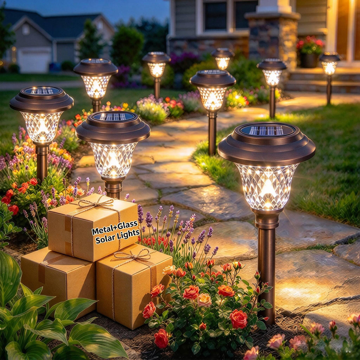 8 Pack Solar Pathway Lights White+Color Changing Stainless Steel 3 Mode Outdoor Multicolor Metal Solar Powered Waterproof Glass for Garden Landscape Path Yard Walkway Driveway Bronze (New-Bronze Metal 8pack)