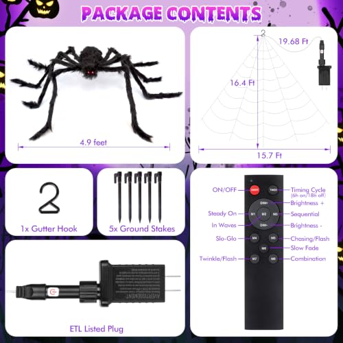 200" Halloween Decorations Spider Web Lights Outdoor +59" Fake Spider (Purple)