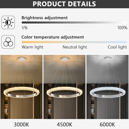 31.5" 1 Ring Crystal Chandelier Modern LED Dimmable Ring Pendant Light Chandelier for Dining Room Living Room Silver (Silver / 1 Ring Round 32")