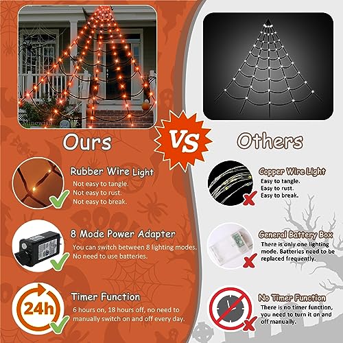 Spider Web Lights Halloween Decorations Outdoor (White Spider, Black Web, Orange LED)