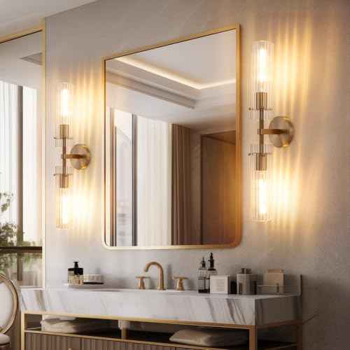 Brass Gold 2 Light Knurled Wall Sconce (Brass-Vertical Striped / 24.4″-1 Pack)