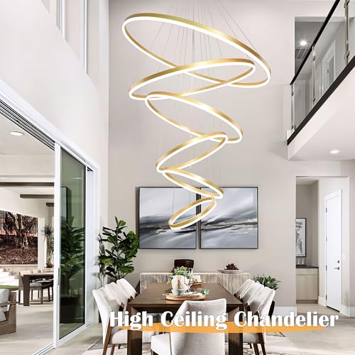 47.2" Modern Gold Led Chandelier 6 Rings Pendant Lights Dimmable Height Adjustable Chandeliers Color Temperature Gold Chandelier Led Pendant Light for Dining Room Entryway Bedroom (Gold / 6Ring-47")