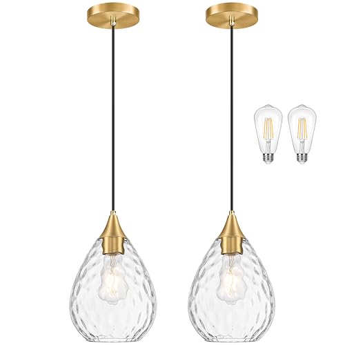 Gold Glass Pendant Lights Kitchen Island 8" Pendant Light Hammered Clear Glass 2 Pack Height Adjustable Modern Hanging Pendant Lights for Dining Room Bedroom Hallway Sink Bulbs Incl (Gold, 2 PK / 8 Inch)