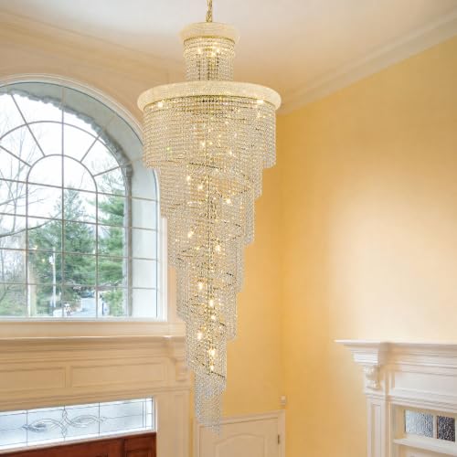 34 Light Extra Large Long Spiral Crystal Chandelier for High Ceiling Foyer Entryway Living Room Staircase Gold Finish 86'' H X 32'' W X 32'' D (Gold / 86'' H X 32'' W X 32'' D)