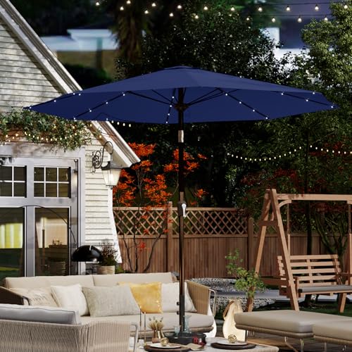 10FT Solar Umbrella 32 LED Lighted Patio Umbrella Table Market Umbrella w (Navy Blue)
