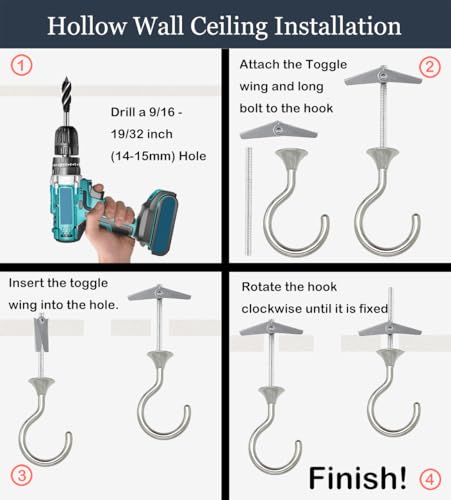 Heavy Duty Ceiling Hooks for Hanging Plants 4 Pack (Silver)
