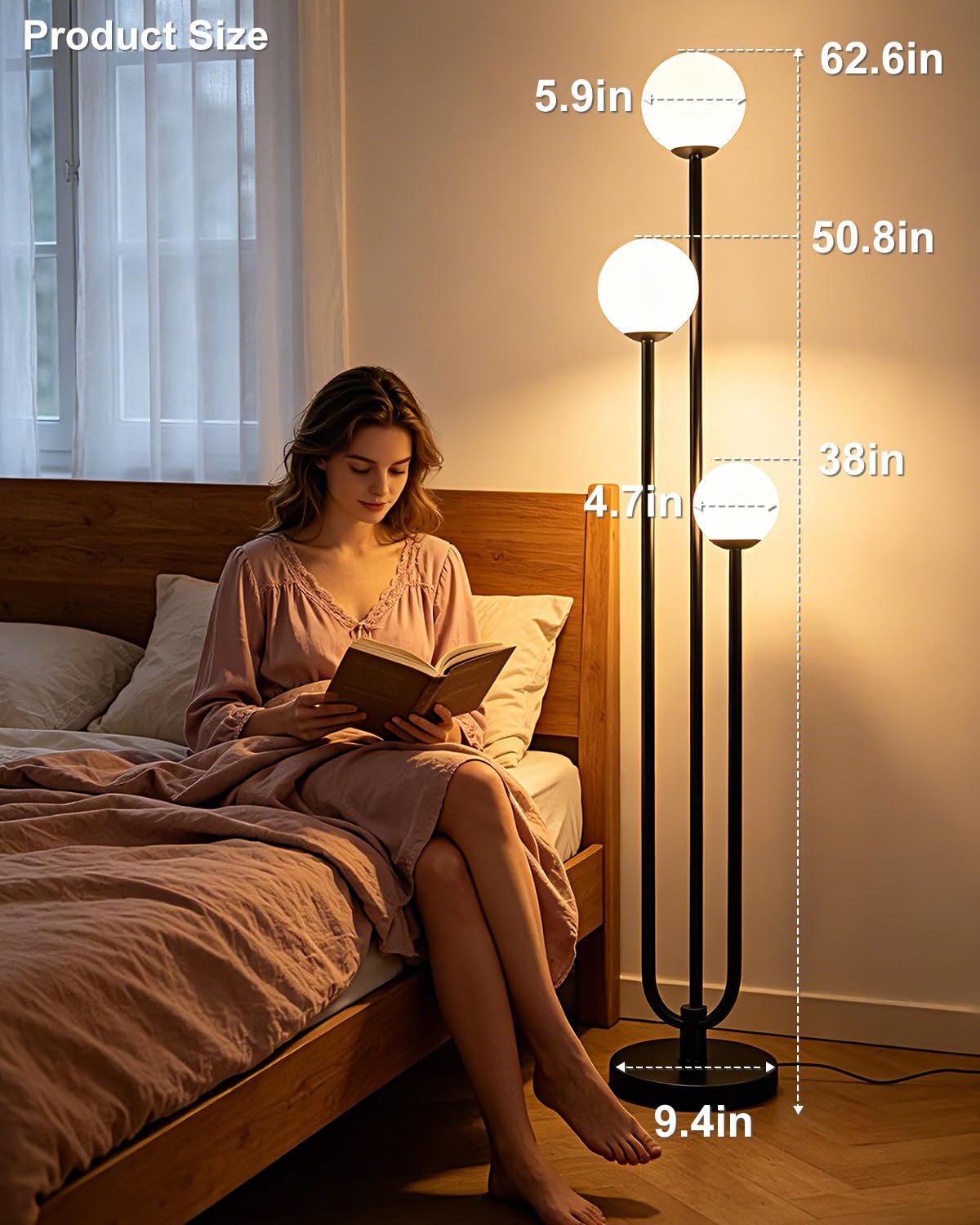 63IN 3 Light Dimmable Globe Floor Lamp Unique Black Tall Lamps (Black-3U)