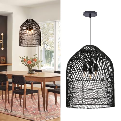 3 Light Rattan Woven Bell Pendant Light for Dining Room Black (Black / 3-Light / 20.8″H)