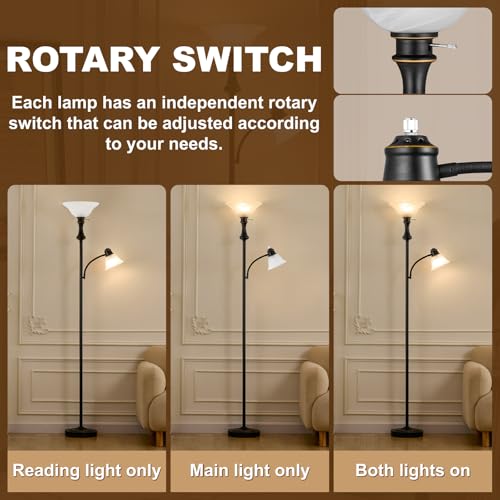 Torchiere Floor Lamp with Adjustable Angle Reading Lamp (Black)