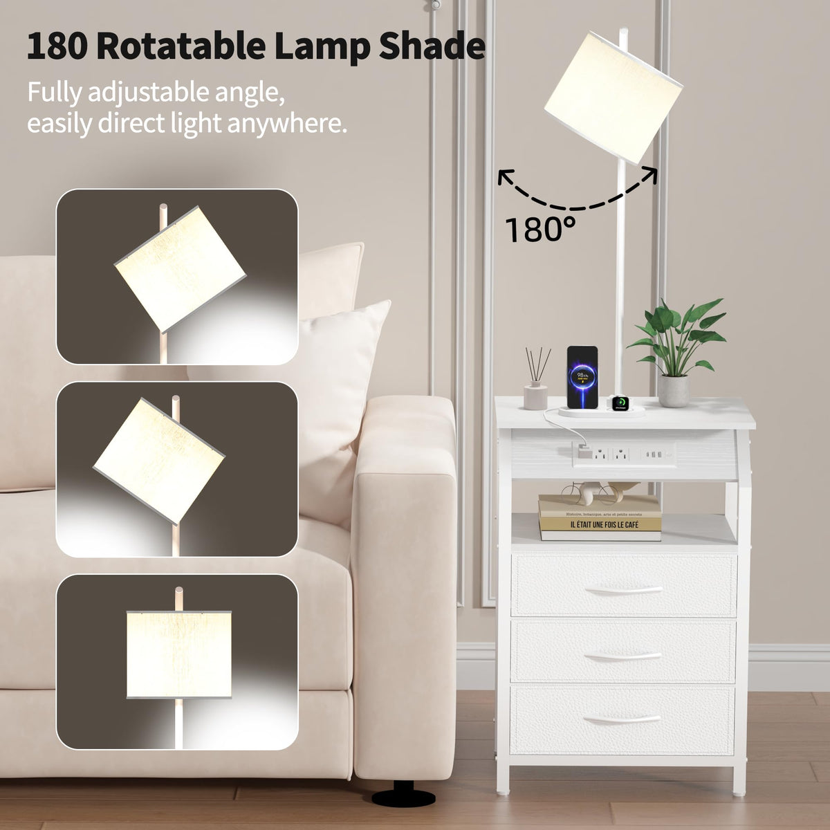 Floor Lamp with Table (White 3 Drawers)