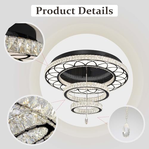 W40'' Modern Chandeliers for Living Room Large Crystal Chandelier Flush Mount Crystal Ceiling Light LED Dimmable Pendant Light for Hallway Entryway Foyer Black (Black / W:40inches)
