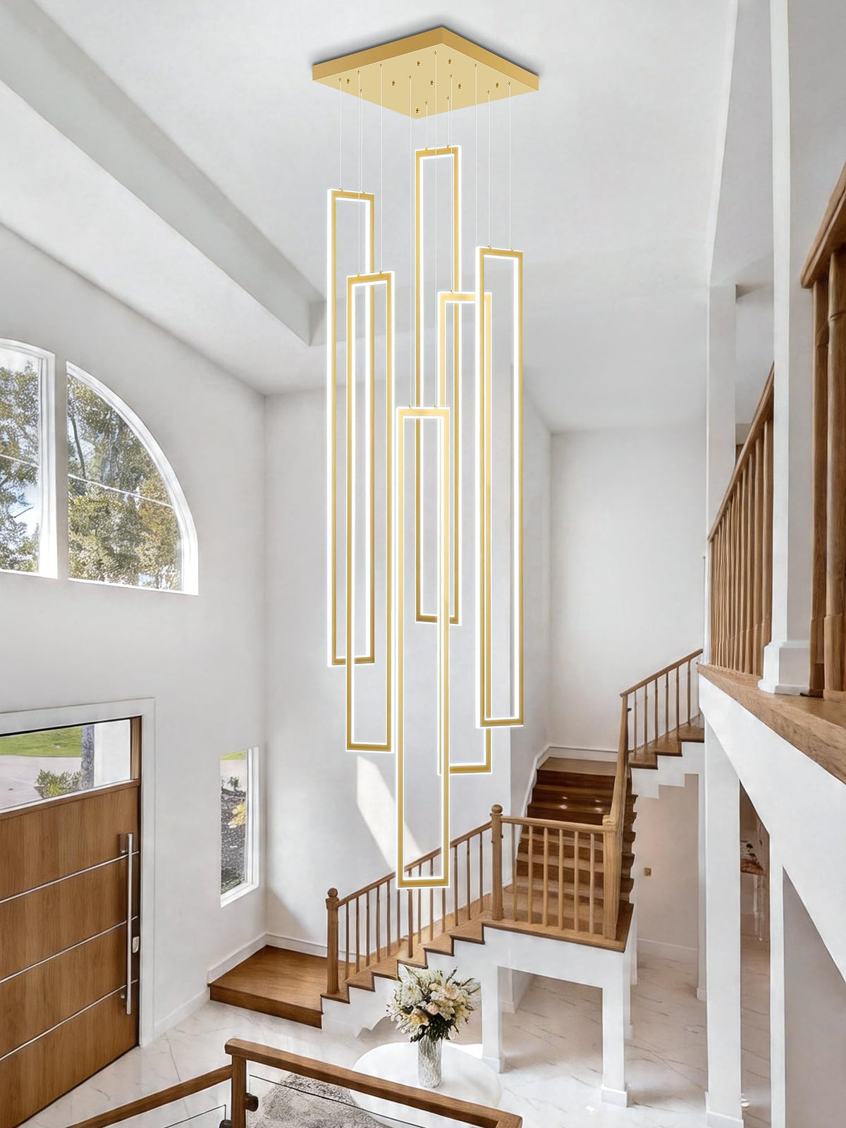 Modern Chandeliers for Entryway High Ceiling Large Rectangle Chandelier LED Dimming Gold Contemporary Chandelier for Staircase Foyer 2700k (Gold 6- Light / H59"xW 8" Highest 218")