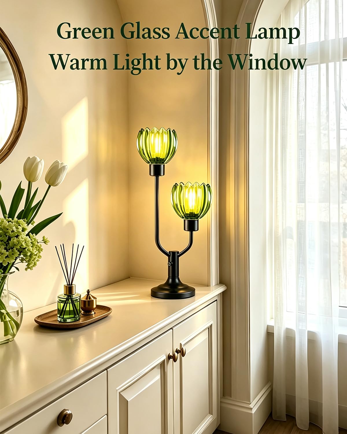 Vintage Green Glass Flower Table Lamp Dimmable Nightstand Lamp (01-Black-Green-Bud)