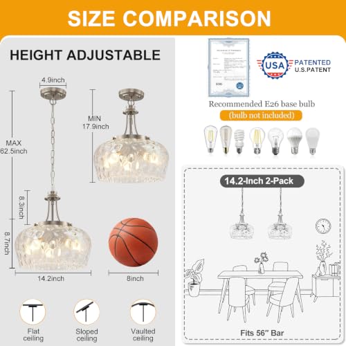 Modern Pendant Lights Kitchen Island (3-Light-Brushed Nickel-Clear Hammered Glass-14.2"(Easy To Install))
