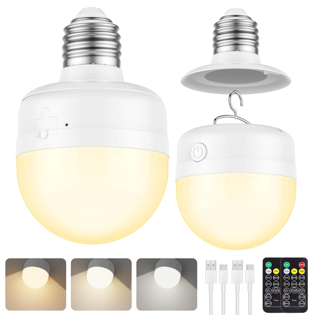 2Packs E26 Rechargeable Magnetic Light Bulbs with Remote and Hook