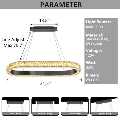 32'' Oval Ring Crystal Chandelier Modern LED Dimmable Ring Pendant Light Chandelier for Dining Room Living Room Black (Black / 1 Ring Oval 32")