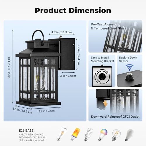 Exterior Lighting Fixtures with GFCI Outlet (Black / D2D 1-Pack)